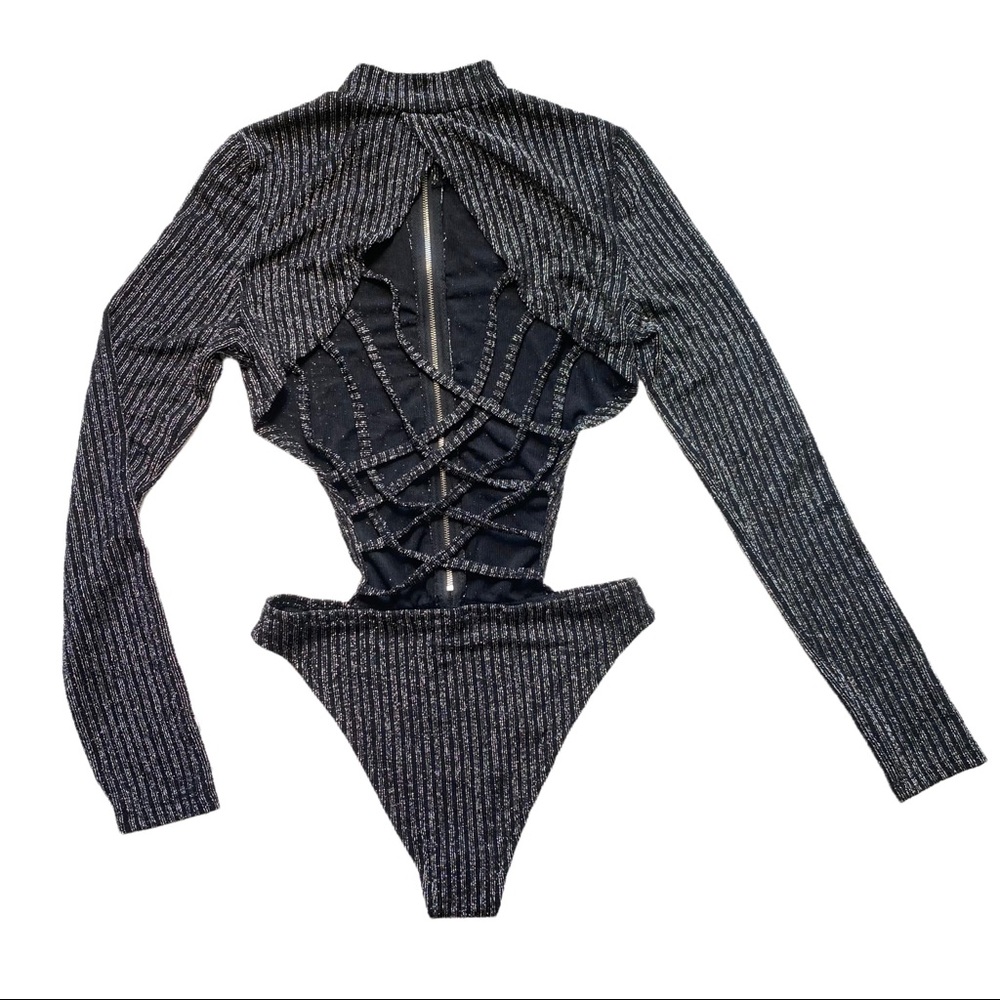 Black & Silver Turtle Neck Strappy Back Bodysuit size medium